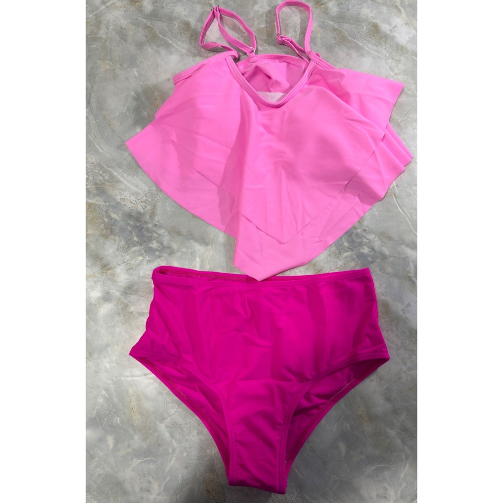 Kids Girls 2PC Swimsuit Ruffle Tankini Top High Waisted Bottom Hot Pink 11-12Y